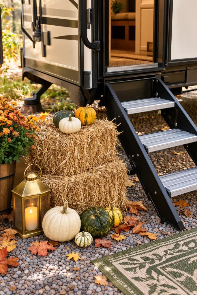 Mini straw bales, heirloom pumpkins, and an LED lantern styled outside camper entry steps.