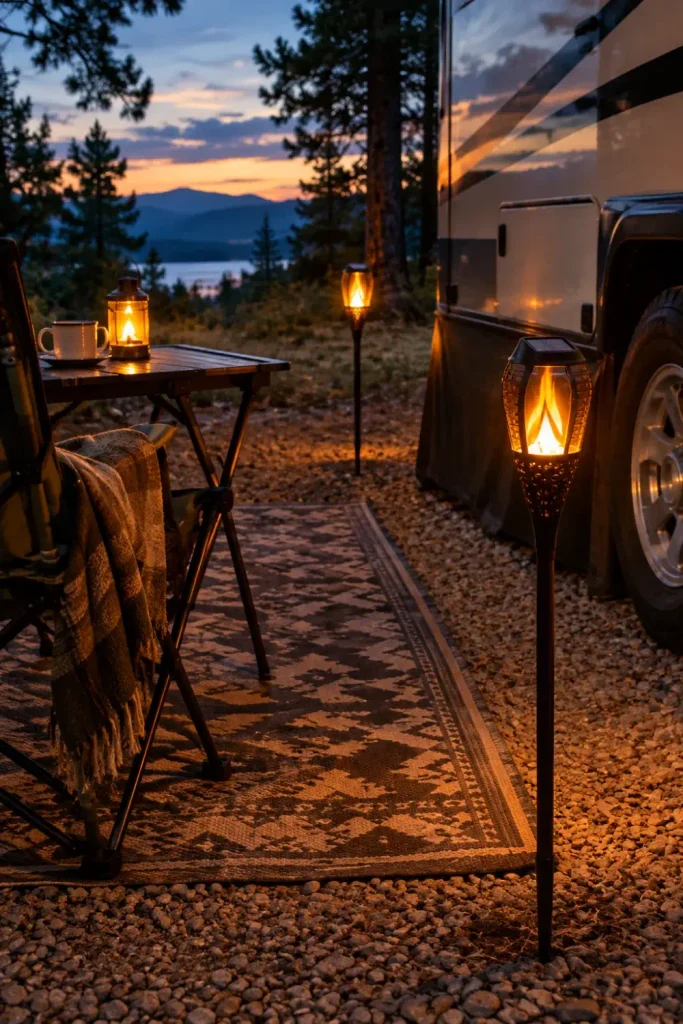 Solar flickering flame LED torches staked along the edge of an outdoor RV camping mat at dusk.