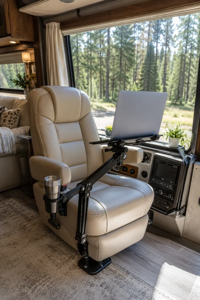 Swivel passenger captain chair in a motorhome with an articulated heavy-duty laptop mount for remote working.