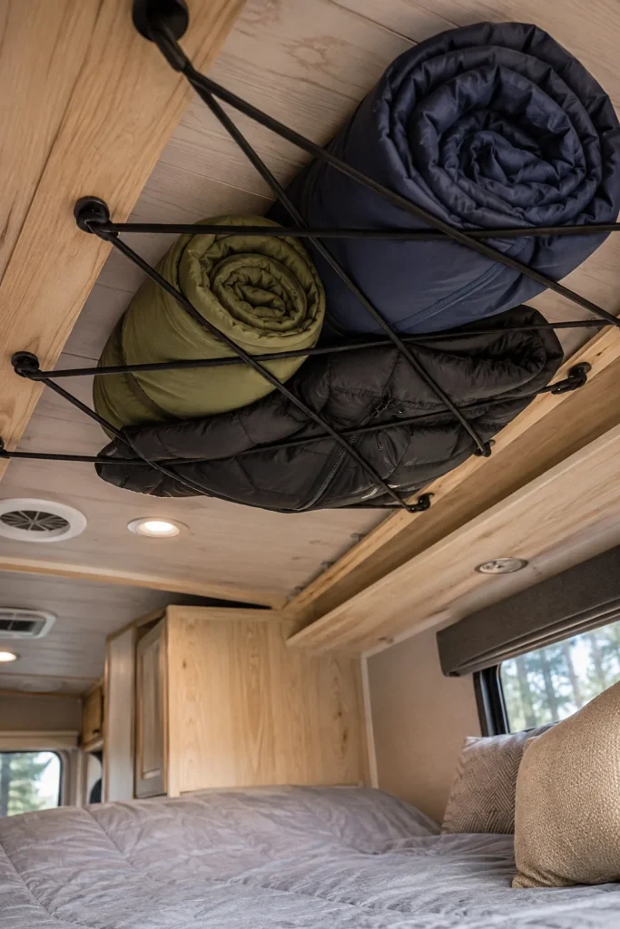 Elastic bungee cords mounted across an RV ceiling holding rolled sleeping bags and jackets overhead.