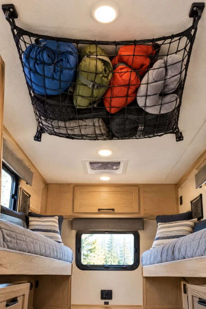 Heavy duty ceiling cargo net holding rolled sleeping bags and lightweight gear in an RV bunk room.