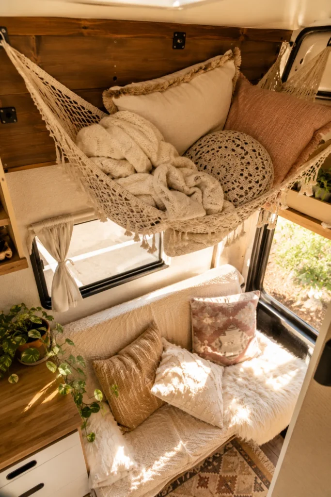 Woven mesh storage hammock hanging in upper wall corner of a camper van.