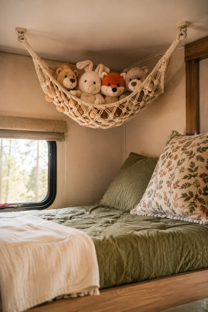 Woven macrame corner hammock hung near the ceiling of an RV bunkhouse holding stuffed animals.
