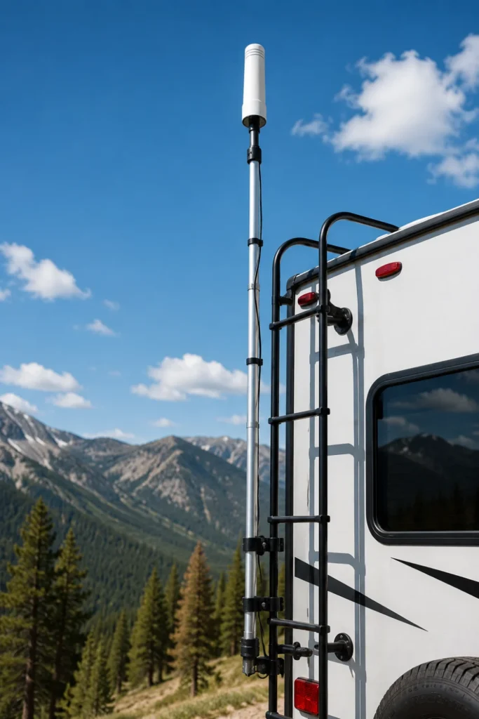 Telescoping aluminum pole mounted to an RV ladder holding a cell booster antenna against a blue sky.
