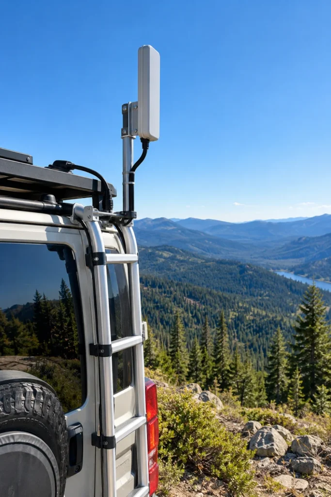 Exterior cellular signal booster antenna mounted on an RV ladder in a remote mountain location.
