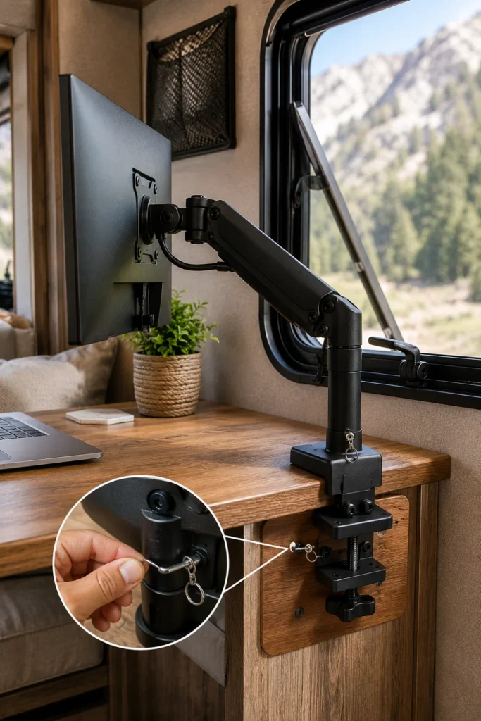 Articulated clamp-on monitor arm with a travel lock holding a computer screen on an RV desk.