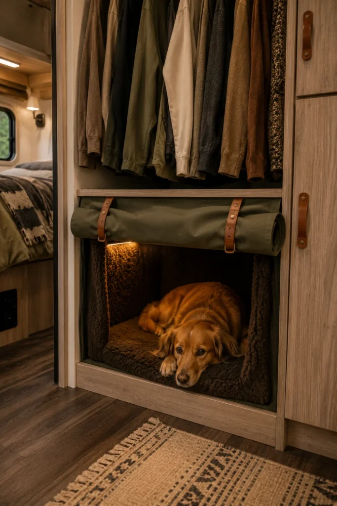 RV bedroom wardrobe base converted into a quiet dog den with a rolled-up heavy canvas front curtain.