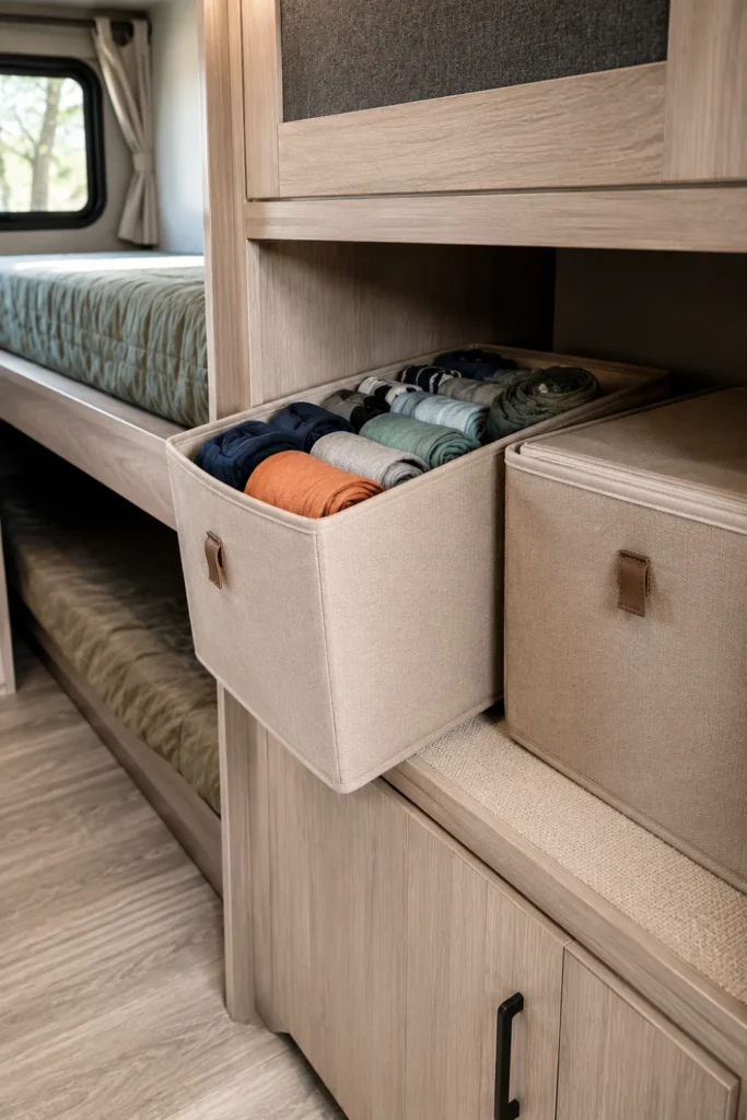 Foldable fabric storage cubes filled with rolled clothes inside a camper bunkhouse wardrobe cubby.