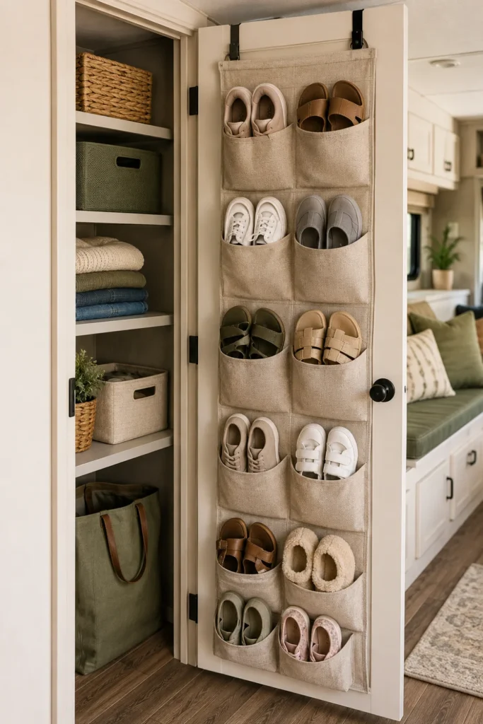 RV closet door with slim pockets storing everyday shoes