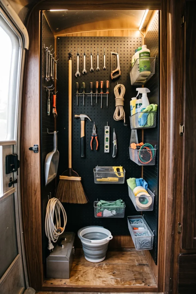 Metal pegboard panel mounted inside a tall RV closet with hanging tool hooks.