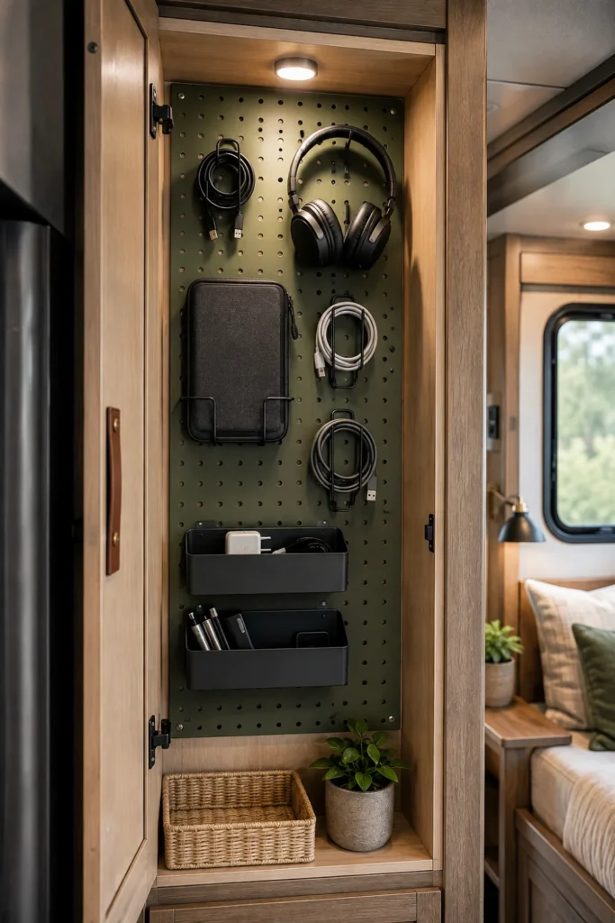 RV wardrobe closet opened to show a powder-coated metal pegboard organizing headphones, cables, and tech accessories.