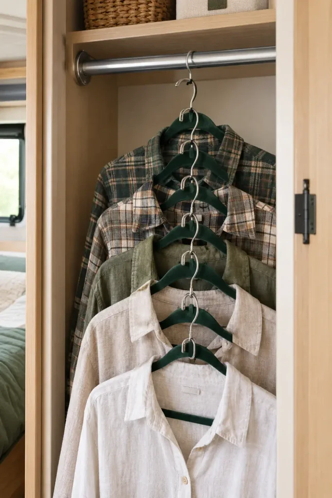 Cascading slim velvet hangers in a shallow camper closet holding stacked flannel and linen shirts