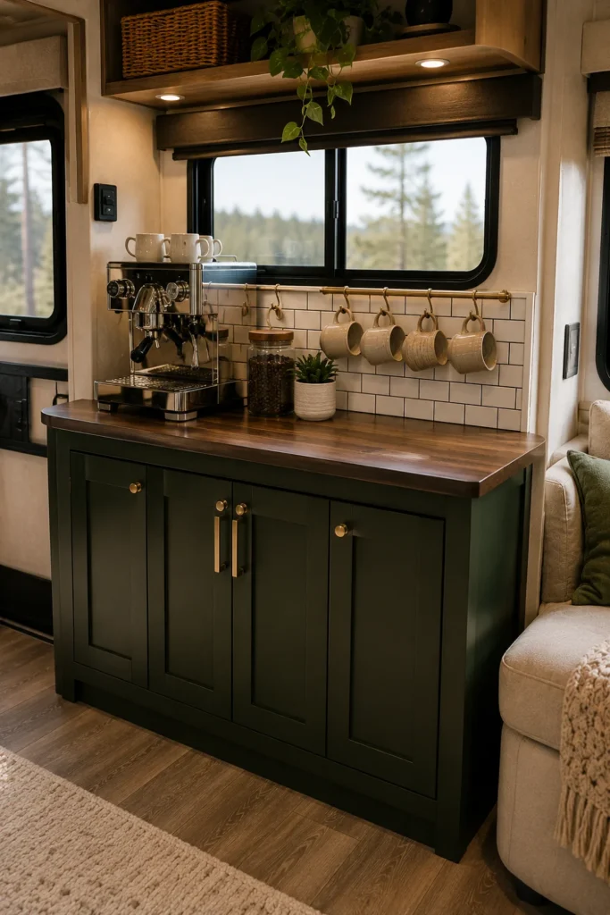 Dedicated home coffee bar station and credenza cabinet replacing an RV dinette booth for extra kitchen storage.