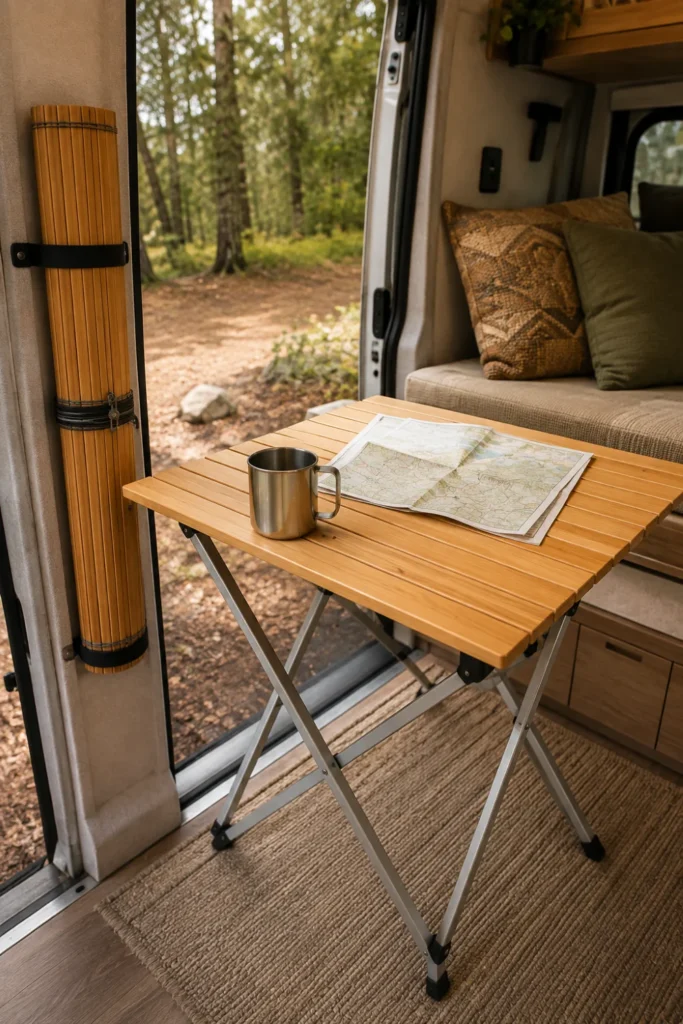 Bamboo collapsible roll-top dining table set up inside a camper van with a travel storage strap nearby.
