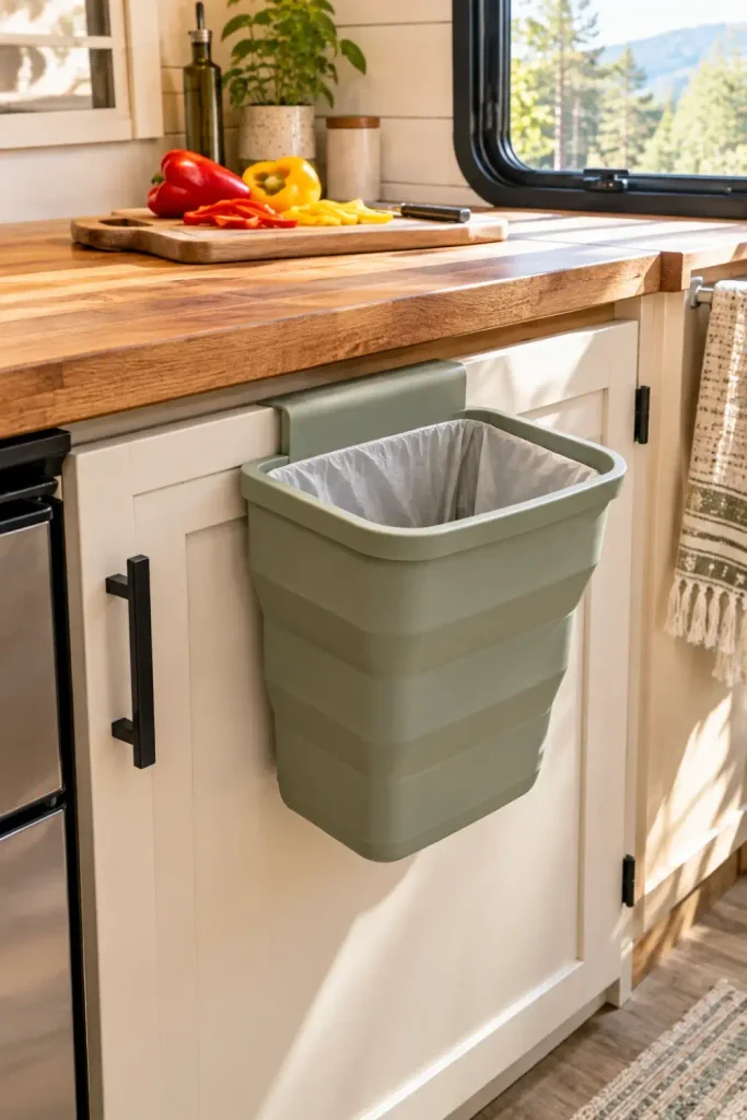 Collapsible silicone trash bin hanging over a cream RV lower cabinet door beneath a wooden cutting board.