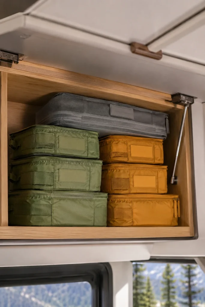 Organized RV overhead cabinets with color-coded green and yellow packing cubes for clothing storage.