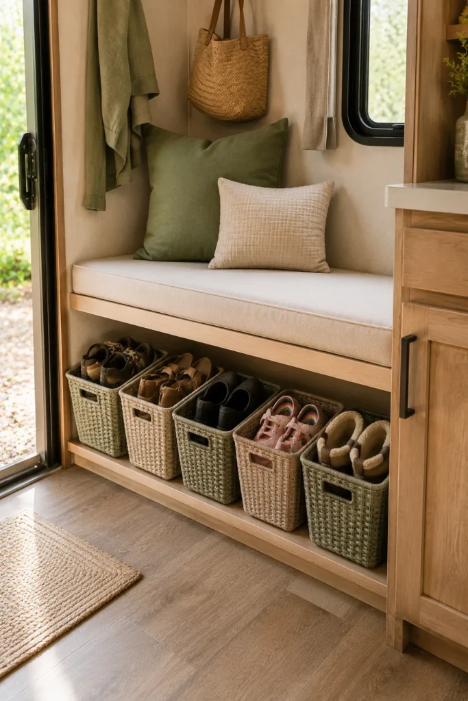 Color-coded baskets organizing shoes in an RV entryway