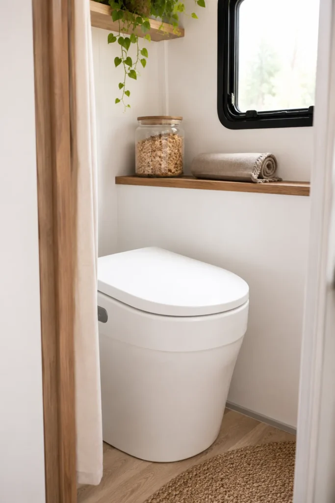 Modern compact urine-diverting composting toilet installed in a clean RV wet bath.
