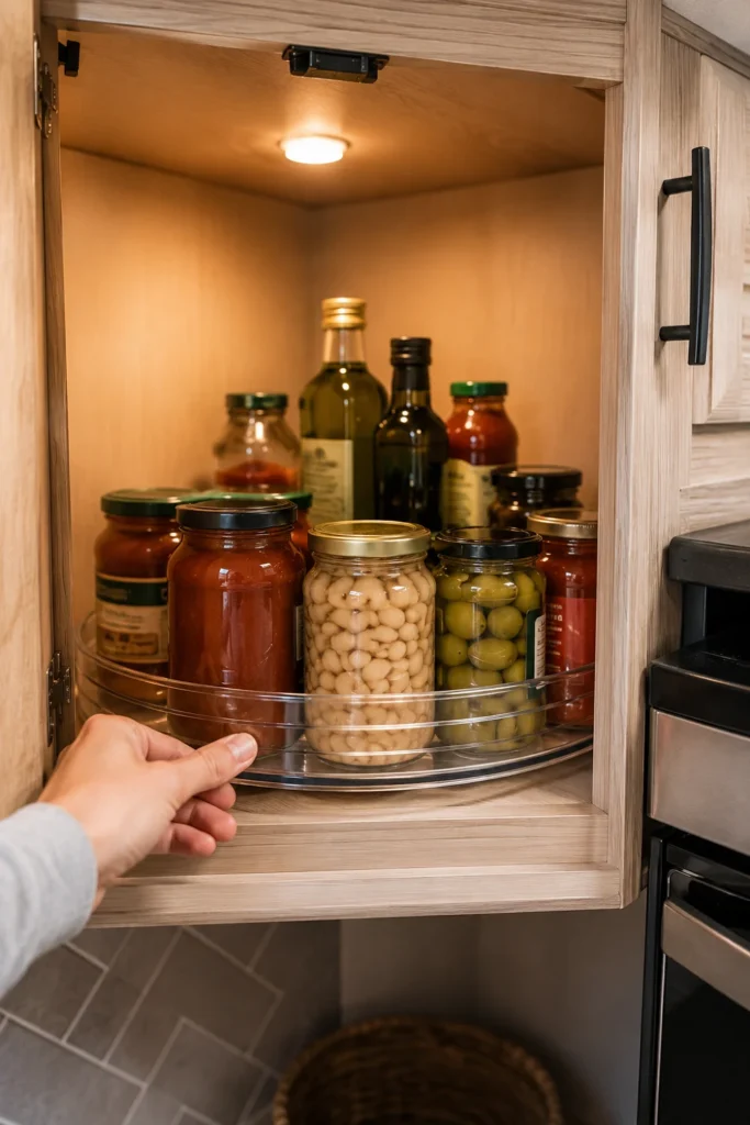 Clear turntable Lazy Susan with high edges rotating canned goods and jars in a deep corner RV cabinet