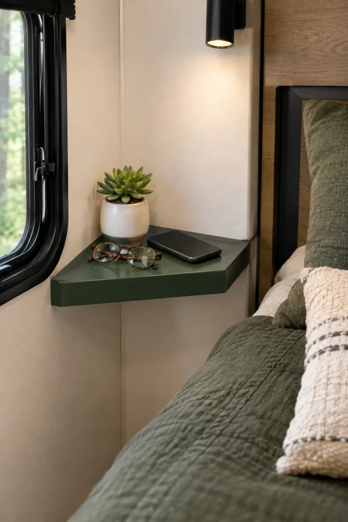 A small, dark forest green corner floating shelf installed in an RV bedroom, holding a mini ceramic pot with a succulent and a smartphone.
