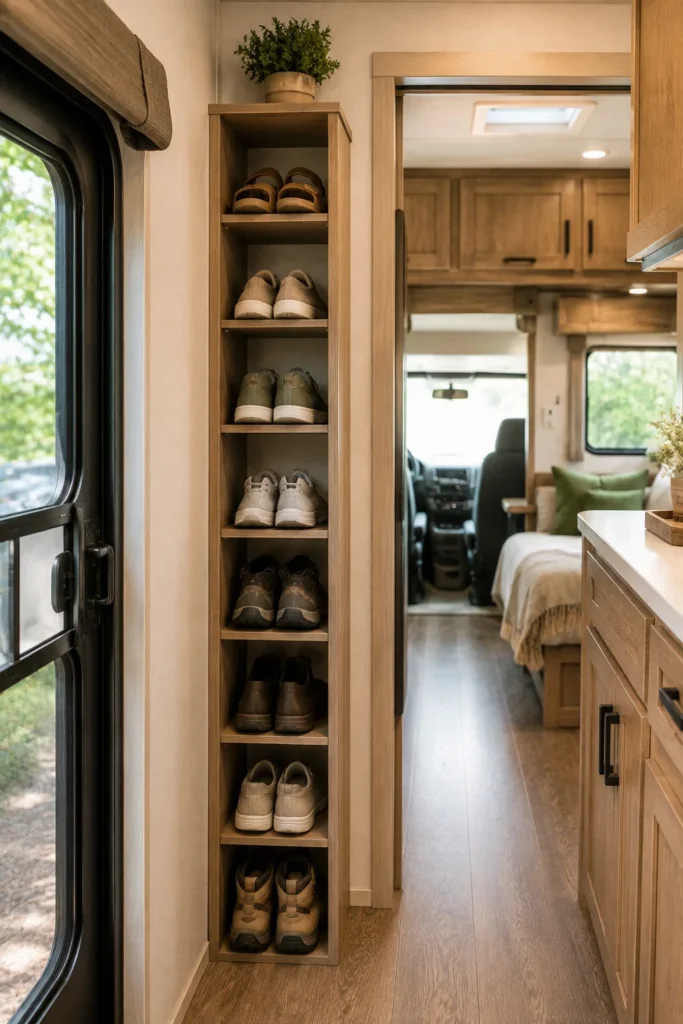 Tall slim shoe tower fitted into an unused RV corner