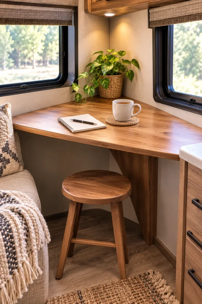 Custom triangular wood corner wedge dining table installed in an RV slide-out nook.
