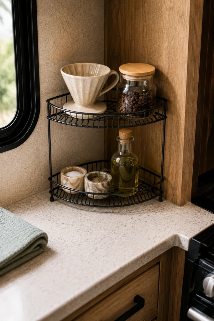 Two-tier black wire corner riser shelf holding coffee supplies and seasonings on an RV kitchen countertop.