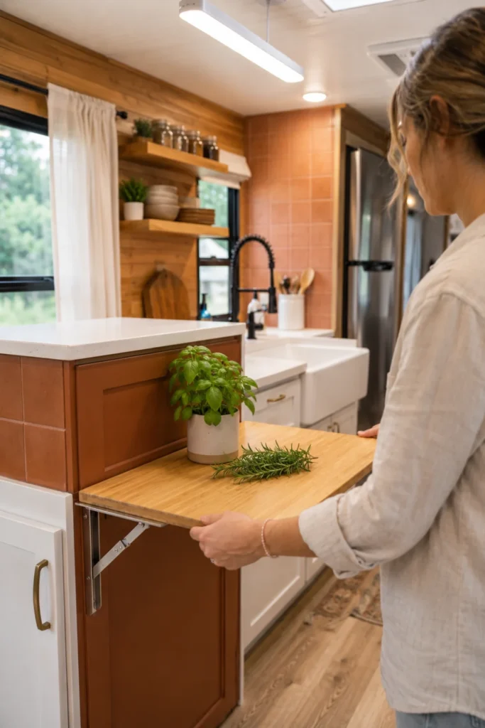 Flip-up wooden countertop extension fastened to the side of an RV kitchen island.