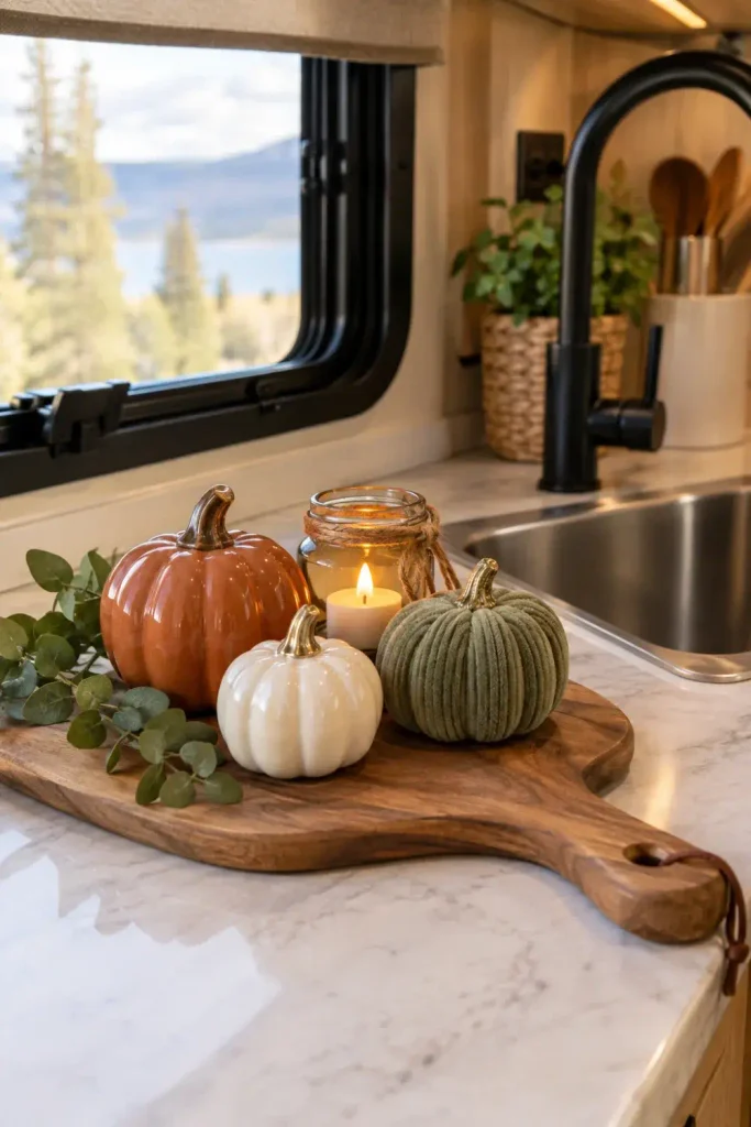 Small ceramic and velvet pumpkins styled on a wooden bread board tray on an RV countertop.