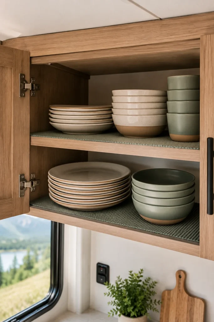 Overhead RV cupboard lined with textured non-slip grip liner holding stacked plates and cups securely for travel.