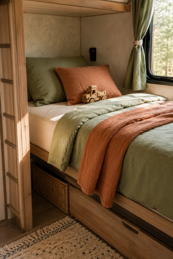 A cozy RV bunk bed made with a custom high-density foam mattress and linen bedding.