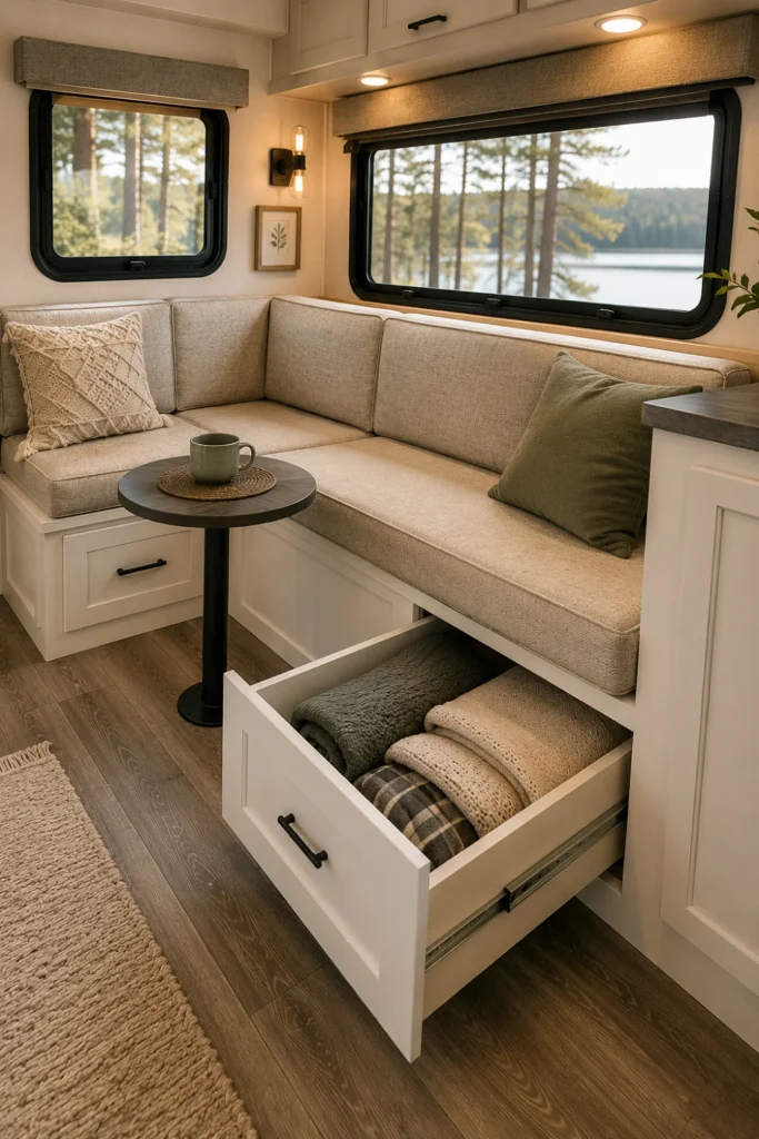 Custom L-shaped corner bench seating with built-in pull-out storage drawers in an RV renovation.
