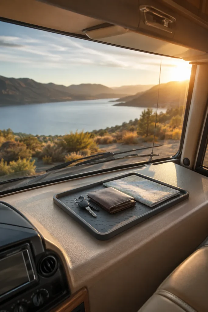 Non-slip silicone dashboard tray organizer sitting on a motorhome cockpit dash.