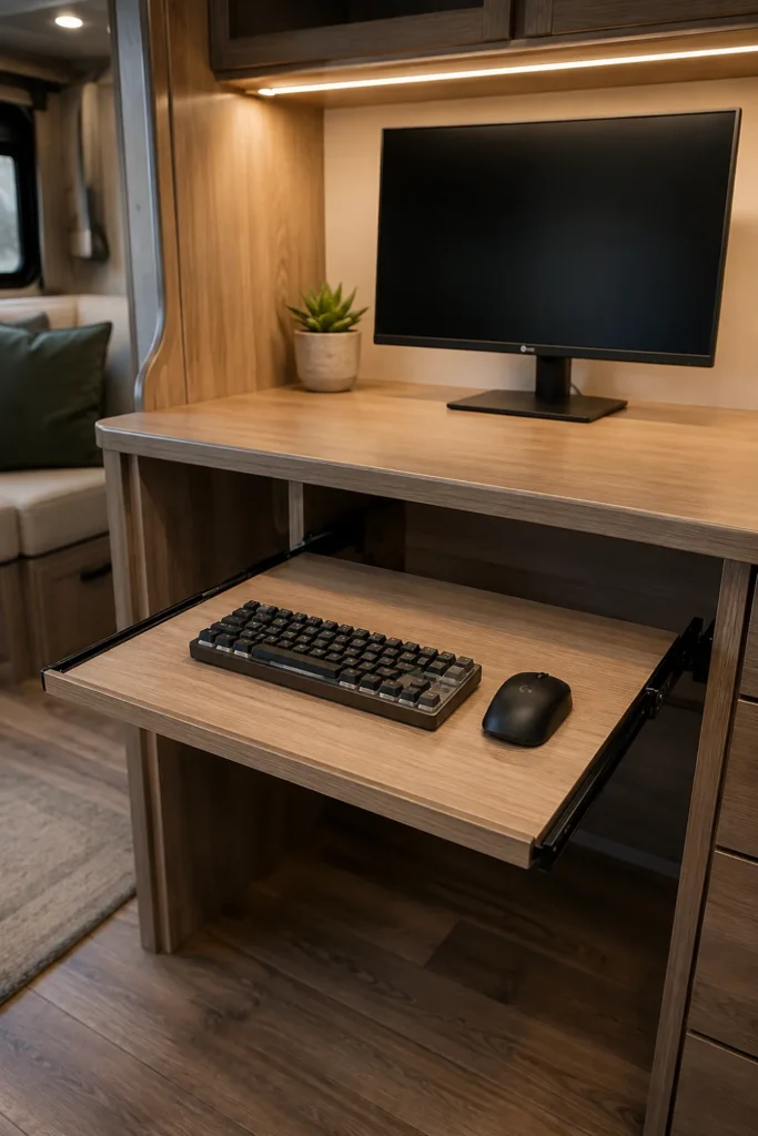 Slide-out wooden keyboard and mouse tray mounted under an RV desk cabinet to save tabletop space.