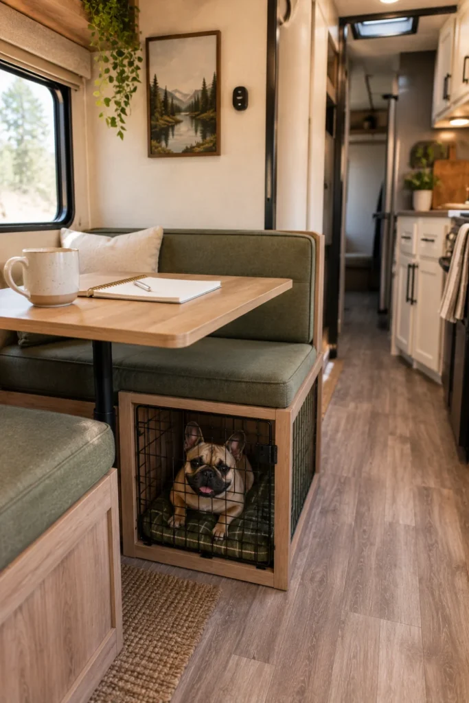 RV dinette bench modified into an integrated wire dog kennel with a French Bulldog sitting inside.