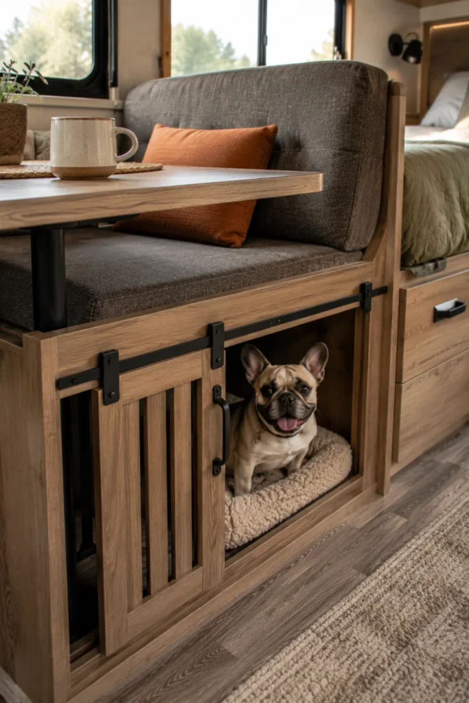 Camper dinette booth bench converted into a built-in dog crate with a sliding wooden slat door.
