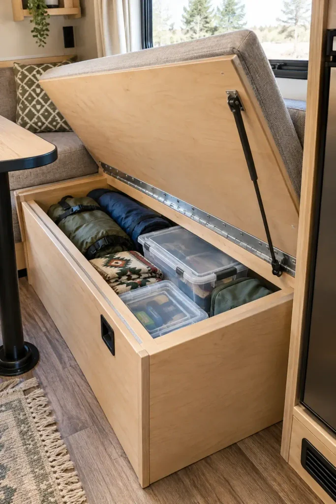 Open RV dinette bench storage lid supported by an automatic gas strut and continuous piano hinge.
