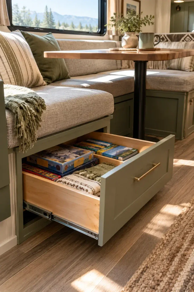 Built-in slide-out drawer extending from the base of an RV dinette bench filled with blankets and games