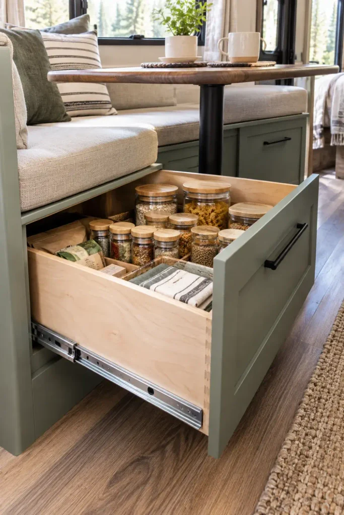 Deep pull-out storage drawer built into the front face of a sage green RV dinette bench.
