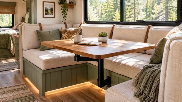 Remodeled RV dinette booth with custom cedar slat table on a Lagun arm, linen cushions with leather straps, and sage green shiplap bases.