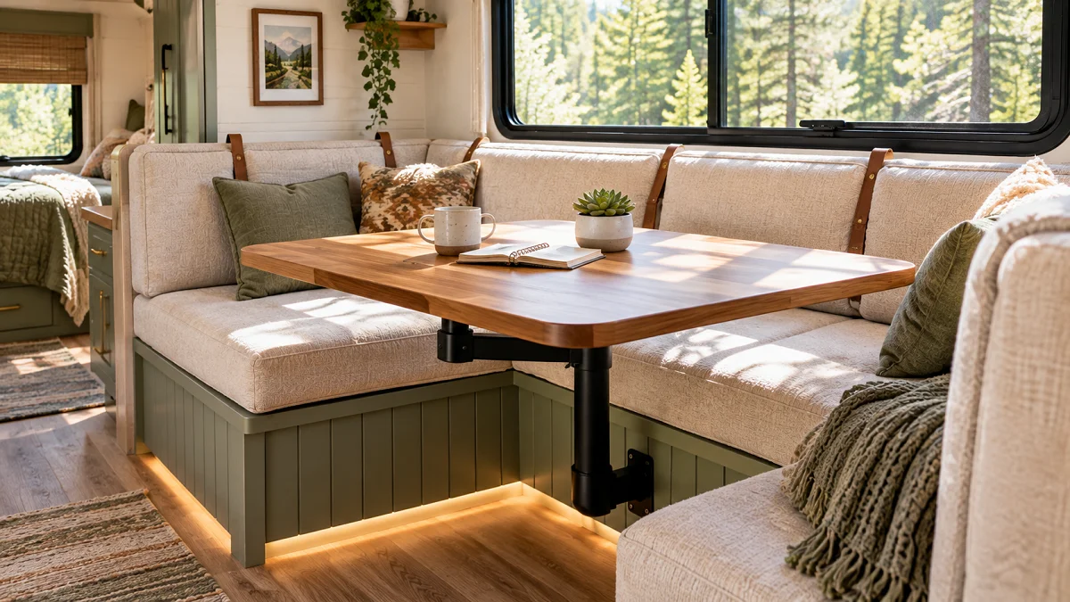 Remodeled RV dinette booth with custom cedar slat table on a Lagun arm, linen cushions with leather straps, and sage green shiplap bases.