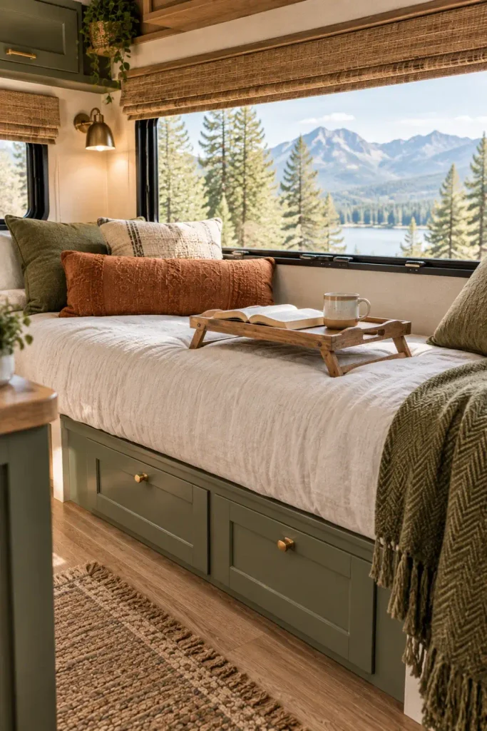 Built-in daybed lounge converted from an RV dinette with plush pillows under a panoramic camper window.
