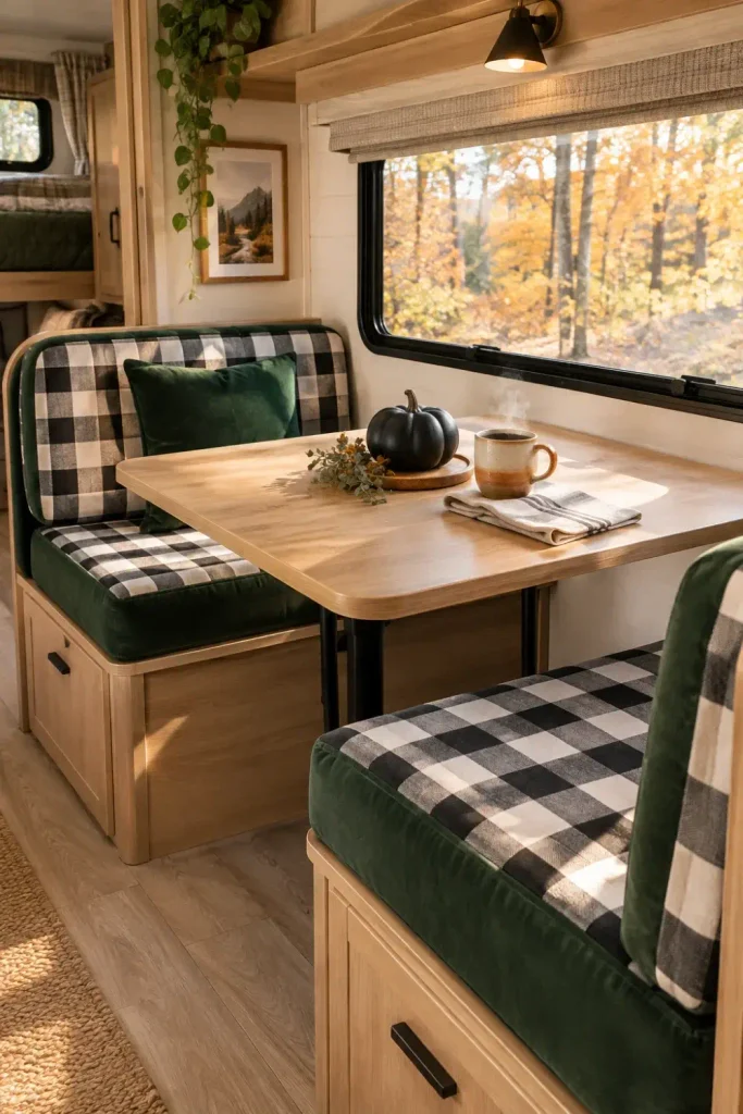 RV dinette booth cushions fitted with buffalo check and velvet slipcovers alongside small pumpkin decor.