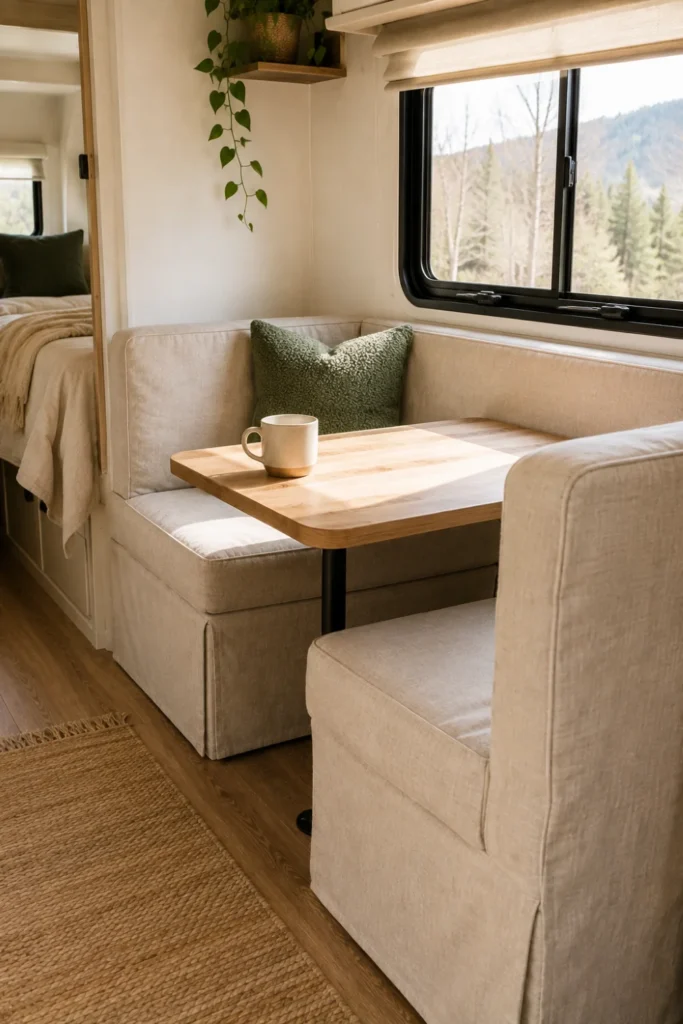Tailored oatmeal linen slipcovers on an RV dinette booth with a green textured accent pillow.