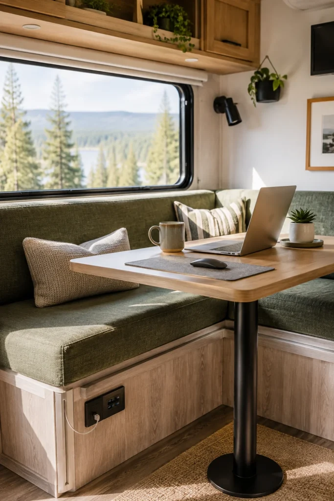 Renovated RV dinette converted into an ergonomic home office workspace with a wood table, laptop, and high-density foam cushions.