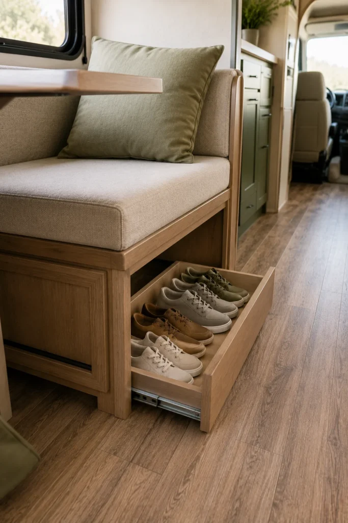 Pull-out shoe drawer installed beneath an RV dinette bench