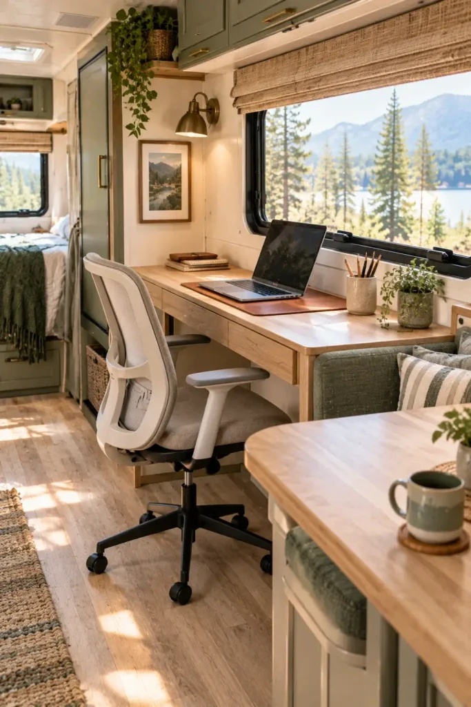 Compact wooden desk console and swivel chair replacing an RV dinette bench for remote laptop work.
