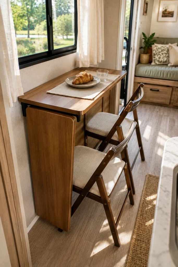 Slim drop-leaf table with folded side leaf and folding chairs replacing an RV dinette to save walkway space.