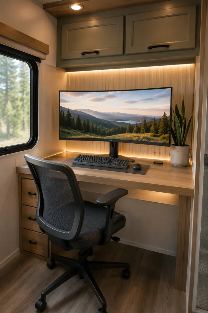 Compact computer desk with monitor and ergonomic chair creating a dedicated RV mobile office space.