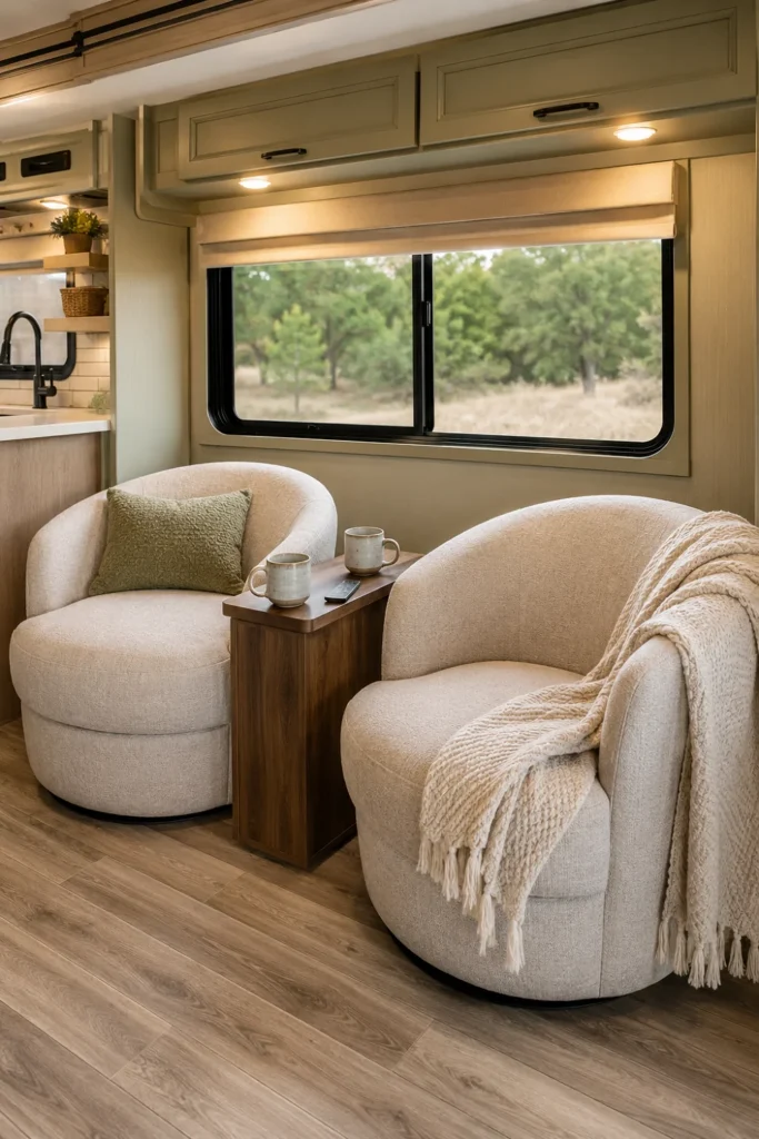 Two cozy fabric swivel barrel chairs with a slim center console replacing a factory RV dining booth.